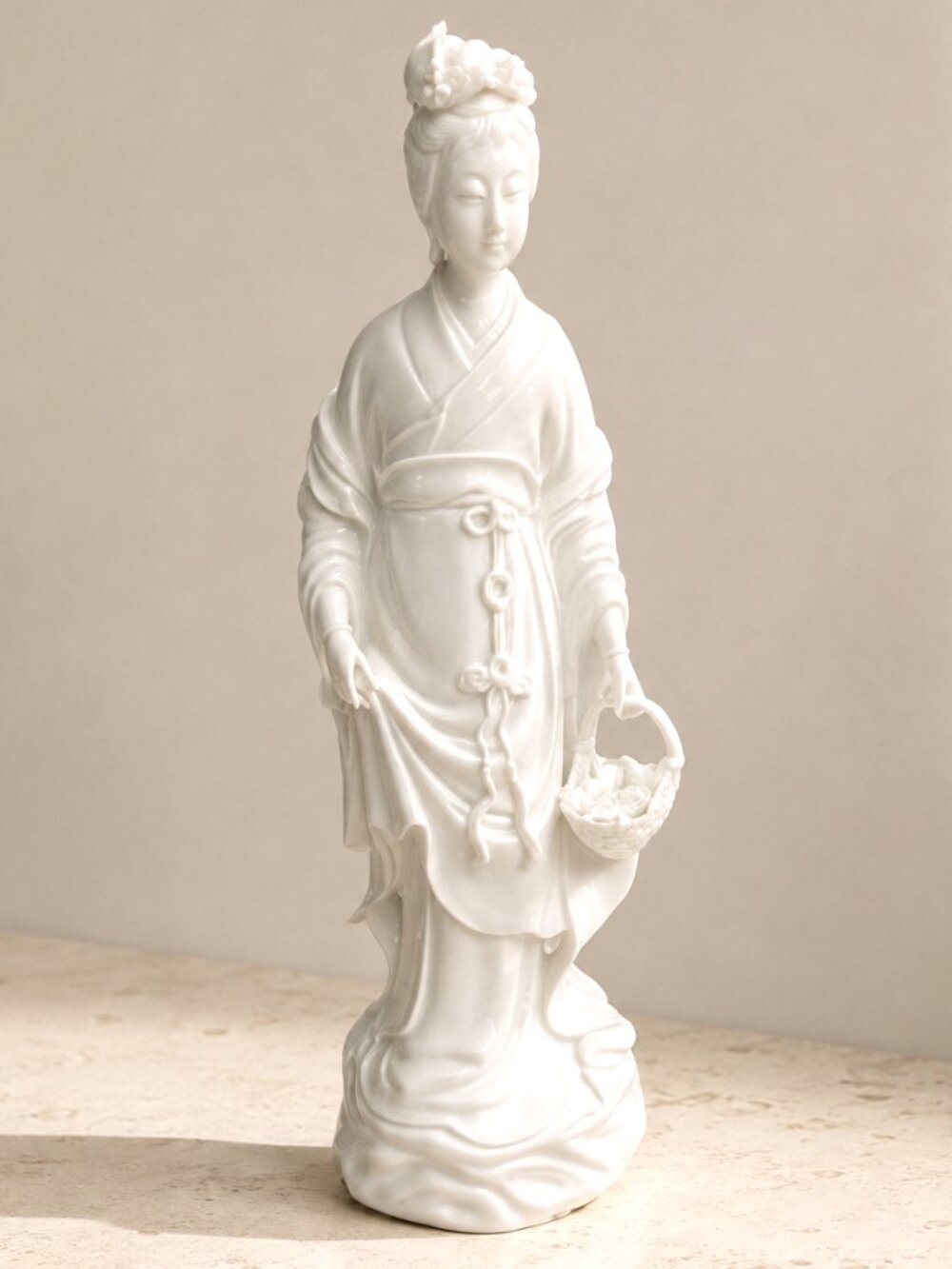 Blanc de Chine Porcelain Lady Figurine Flower Basket Flowing Robes Statue 10.25โ